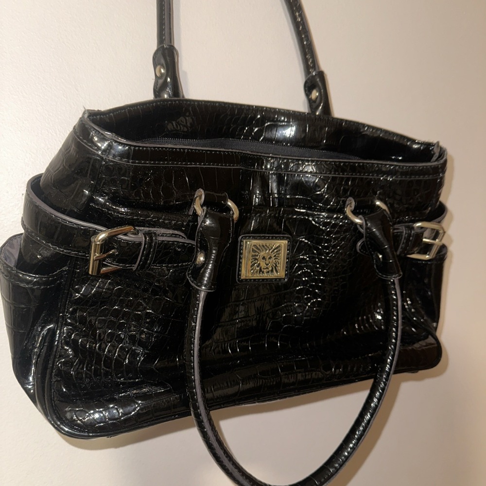Anne Klein Black Croc-embossed Large Shoulder Bag Handbag Purse Gold Hardware - Picture 3 of 12